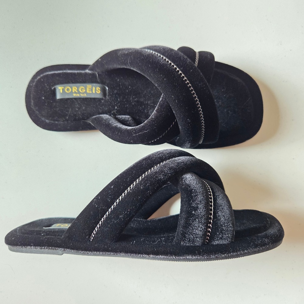 Torgeis New York Black Velvet Padded Chain Slide Sandals FEI1119 Womens 7